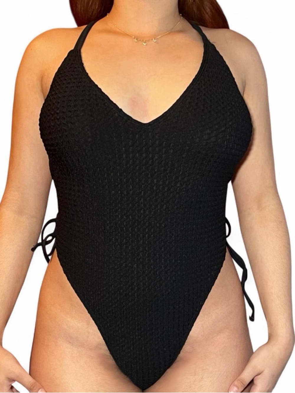 Black Textured V-Neck One-Piece Swimsuit with Side Ties